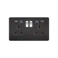 MLA 13A 2G Switched Socket with Dual USB Charger (2.4A) - Matt Black with Chrome Rockers