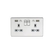 MLA 13A 2G Switched Socket with Dual USB Charger (2.4A) - Polished Chrome with Grey Insert