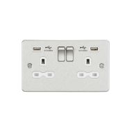 MLA Flat plate 13A 2G switched socket with dual USB charger (2.4A) - brushed chrome with white insert
