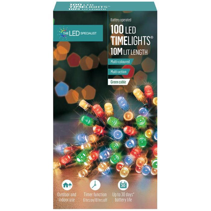 100 LED Multi-Colour Battery Operated Multi-Action Fairy Lights on Green Cable, 10.2m