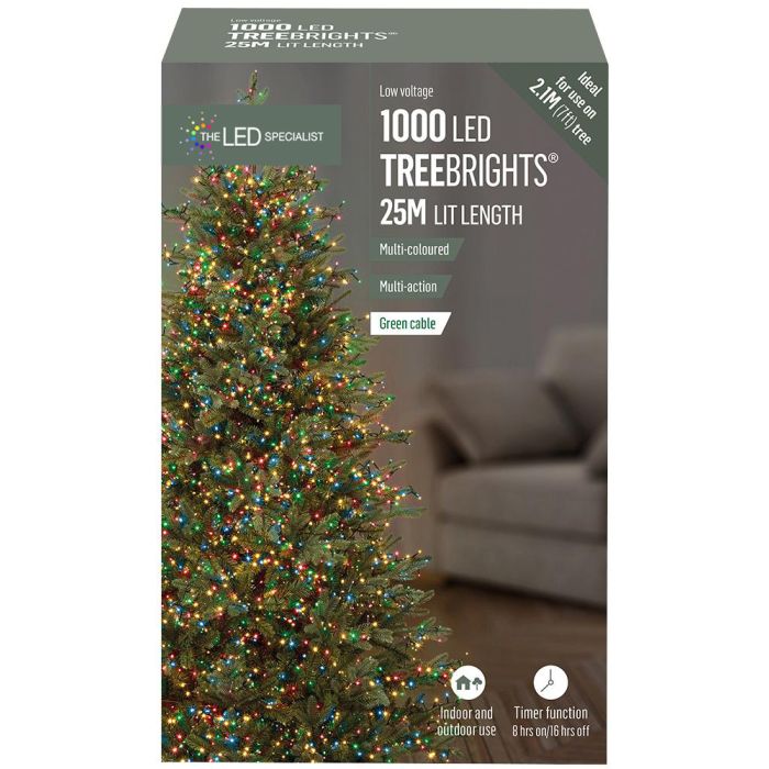 1000 LED Multi-Coloured Christmas Tree Lights with Timer, 30m - Green cable