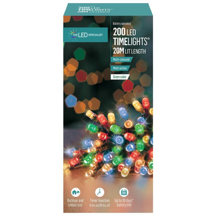 200 LED Multi-Coloured Battery Operated Multi-Action Fairy Lights on Green Cable, 20.2m