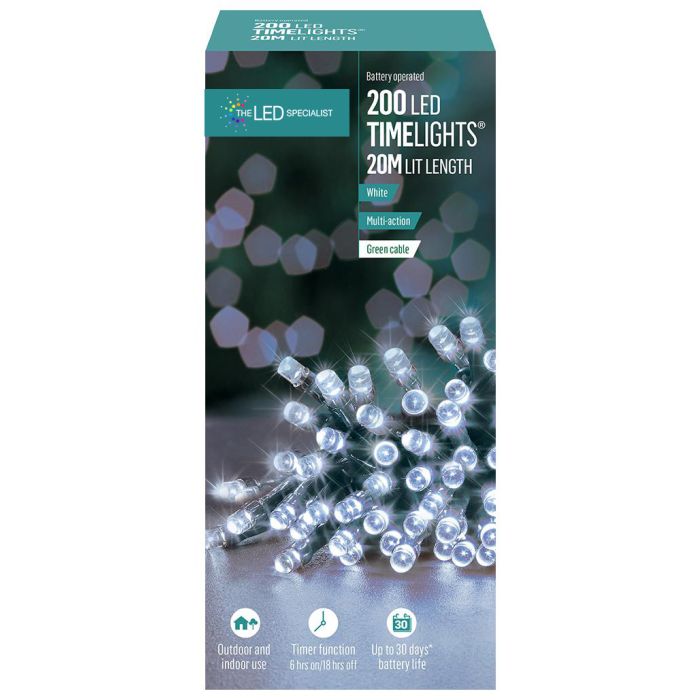 200 LED White Battery Operated Multi-Action Fairy Lights on Green Cable, 20.2m