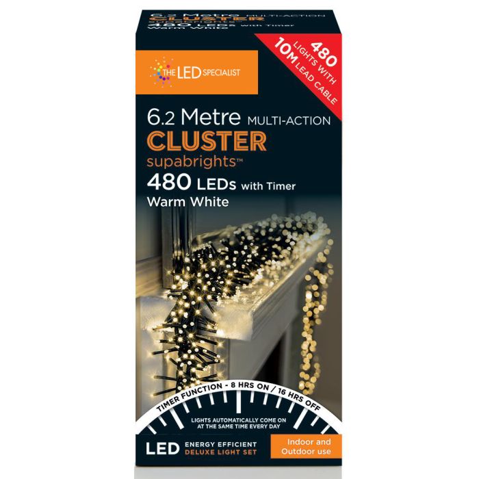480 LED Multi Action Warm White Cluster Christmas Lights with Timer