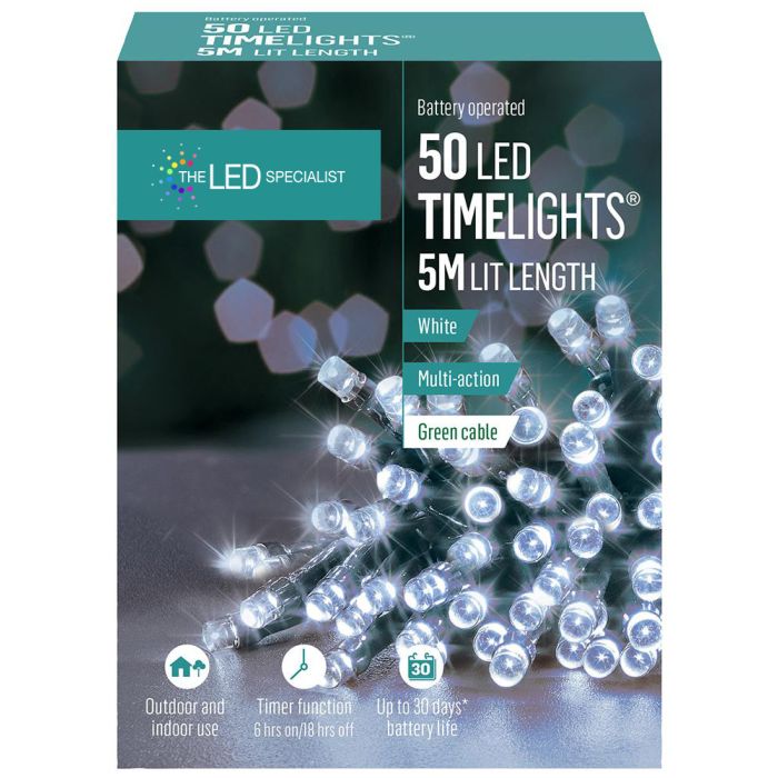 50 LED White Battery Operated Multi-Action Fairy Lights on Green Cable, 5.2