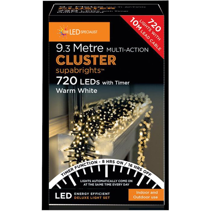 720 LED Multi Action Warm White Cluster Christmas Lights with Timer