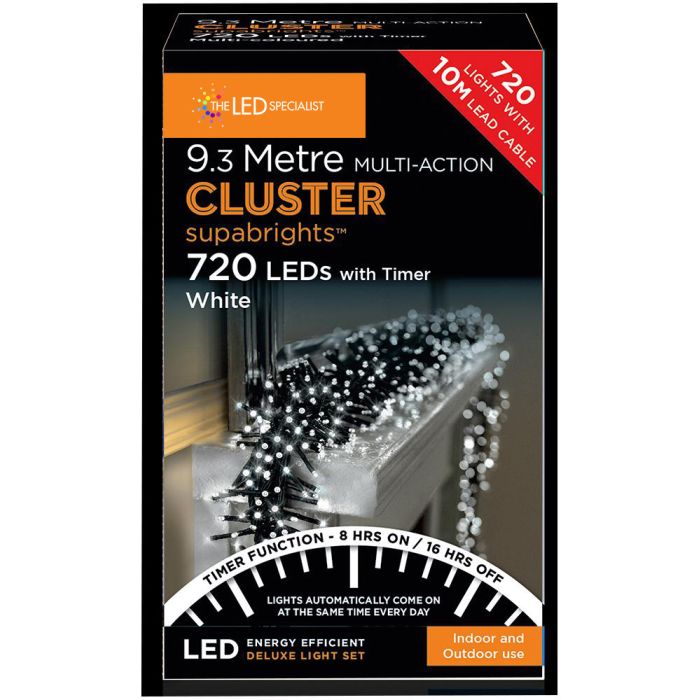 720 LED Multi Action White Cluster Christmas Lights with Timer