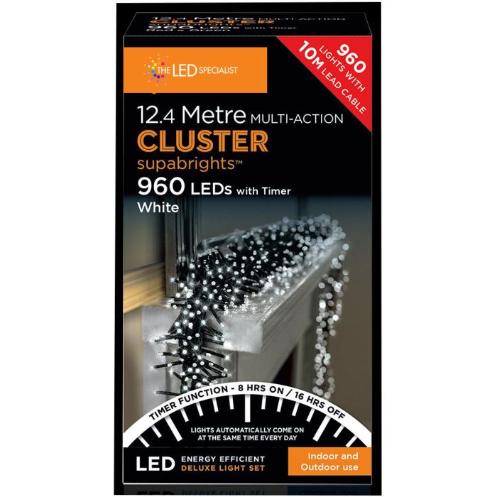960 LED Multi Action White Cluster Christmas Lights with Timer
