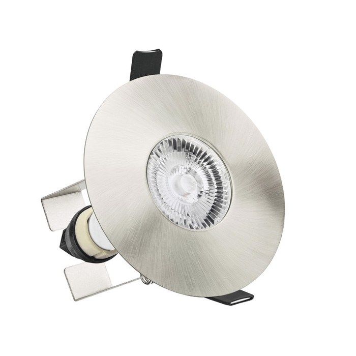 EVOFIRE FIRE RATED DOWNLIGHT 70-100MM CUTOUT IP65 SATIN NICKEL ROUND GU10 HOLDER & INSULATION GUARD INTEGRAL