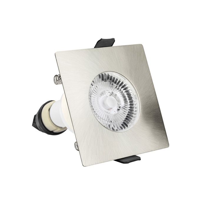 EVOFIRE FIRE RATED DOWNLIGHT 70MM CUTOUT IP65 SATIN NICKEL SQUARE GU10 HOLDER INTEGRAL