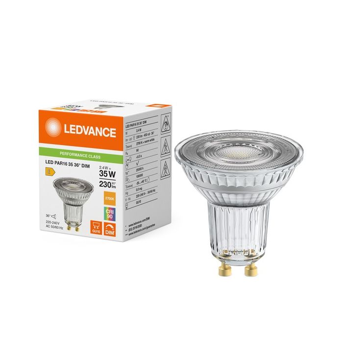 LEDVANCE PAR16 GU10 LED Spot 2.4W Extra Warm White Dimmable 36 Degree 35W Replacement - Box View
