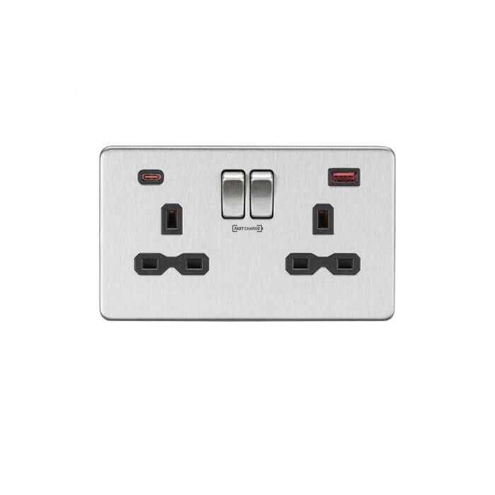 MLA 13A 2G DP Switched Socket with Dual USB FASTCHARGE ports (A + C) - Brushed Chrome with black insert