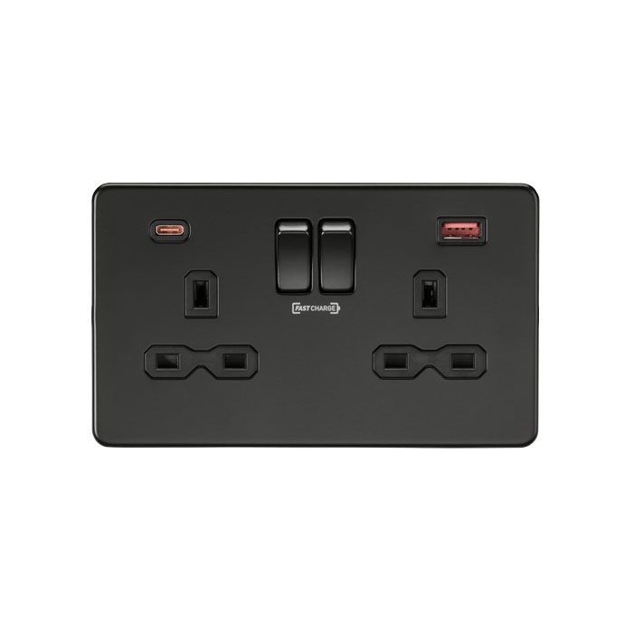 MLA 13A 2G DP Switched Socket with Dual USB FASTCHARGE ports (A + C) - Matt Black
