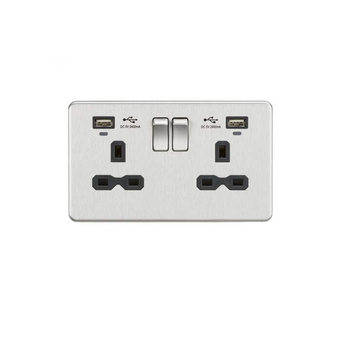 MLA 13A 2G Switched Socket, Dual USB (2.4A) with LED Charge Indicators - Brushed Chrome w/black insert