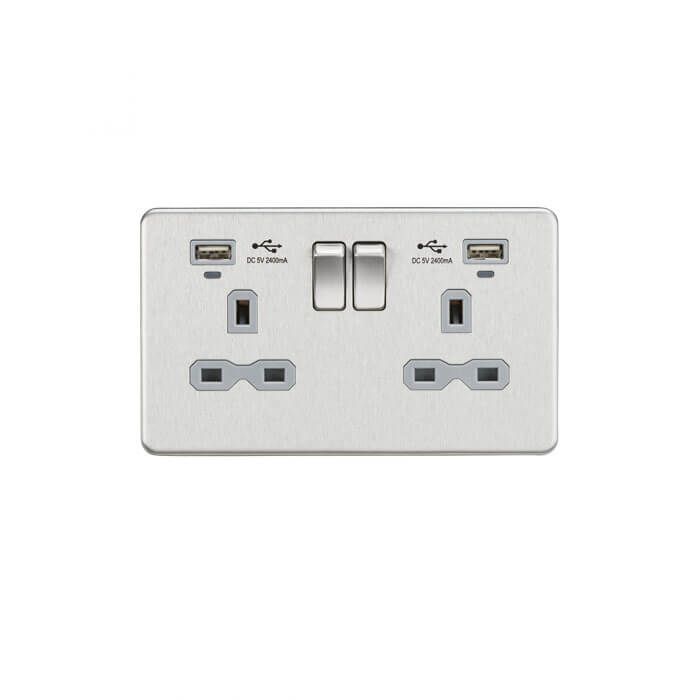 MLA 13A 2G Switched Socket, Dual USB (2.4A) with LED Charge Indicators - Brushed Chrome w/grey insert