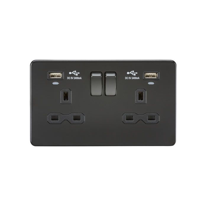 MLA 13A 2G Switched Socket, Dual USB (2.4A) with LED Charge Indicators - Matt Black