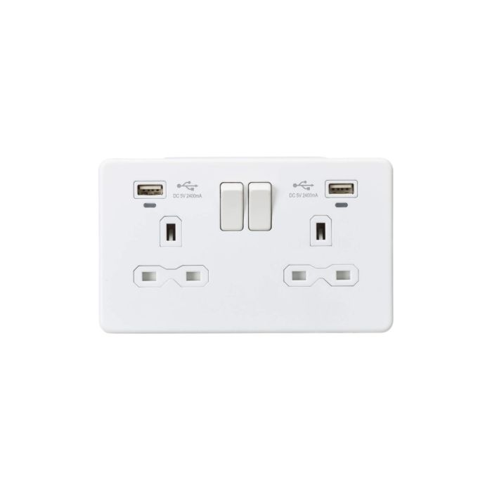 MLA 13A 2G Switched Socket, Dual USB (2.4A) with LED Charge Indicators - Matt White
