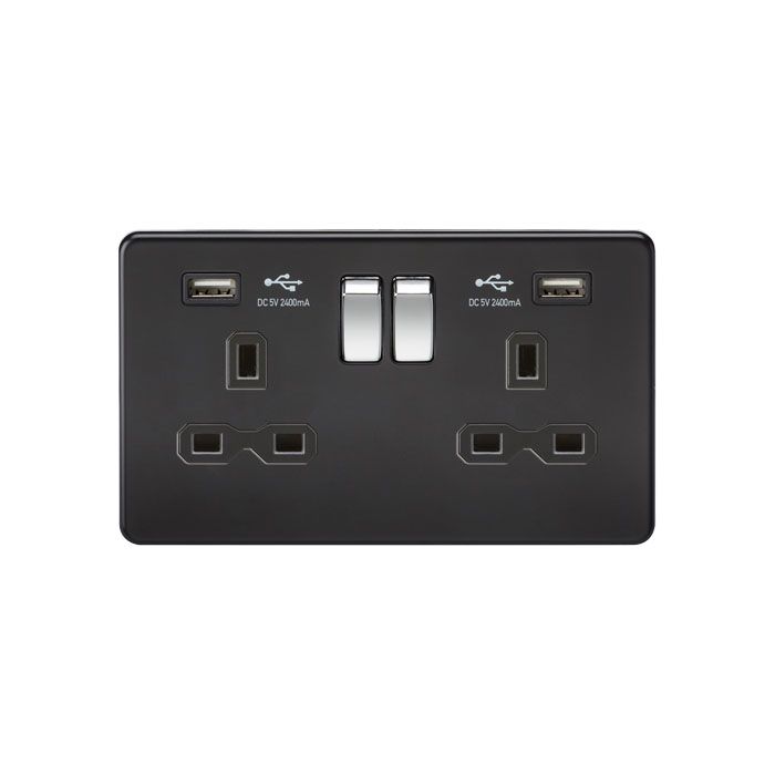 MLA 13A 2G Switched Socket with Dual USB Charger (2.4A) - Matt Black with Chrome Rockers