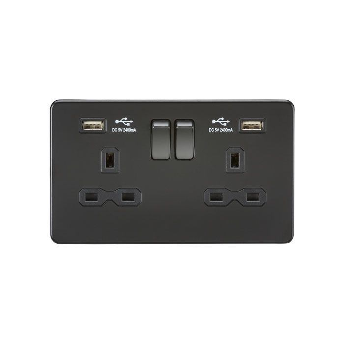 MLA 13A 2G Switched Socket with Dual USB Charger (2.4A) - Matt Black