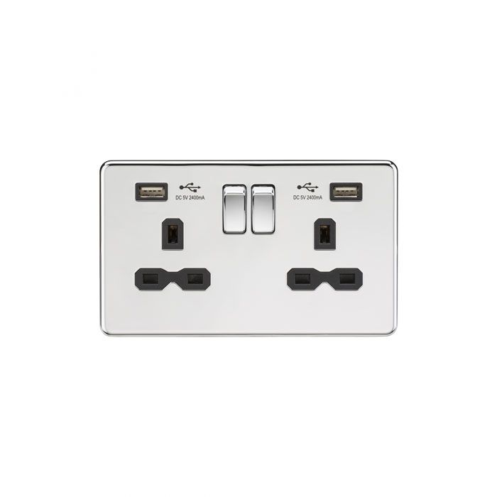 MLA 13A 2G Switched Socket with Dual USB Charger (2.4A) - Polished Chrome with Black Insert