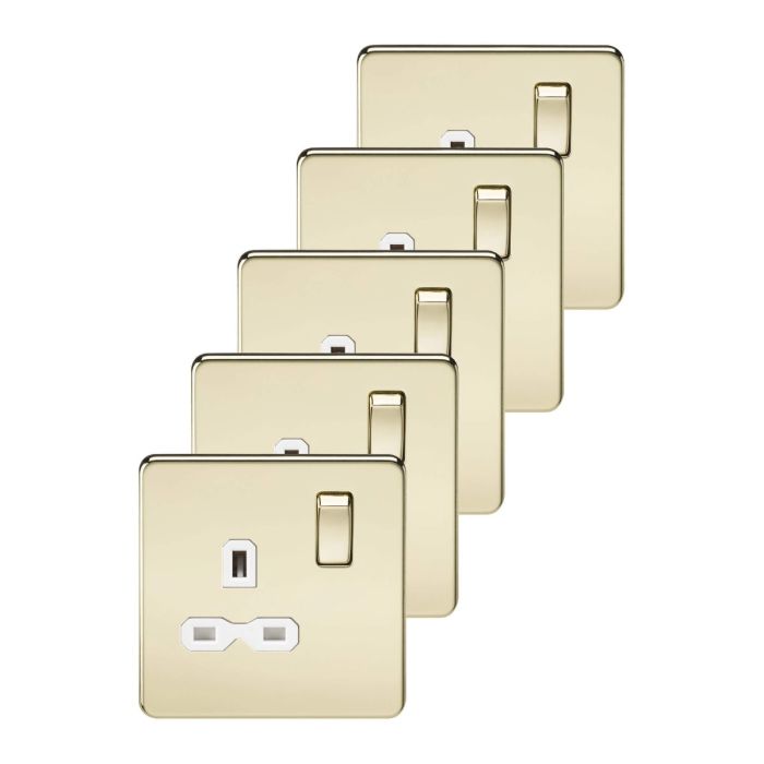 MLA 5 pack Screwless 13A 1G DP switched socket - polished brass with white insert