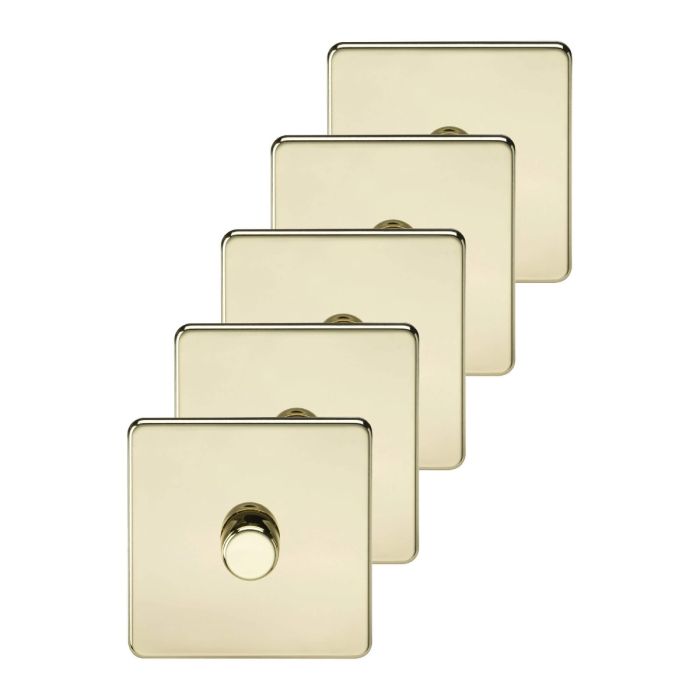 MLA 5 pack - Screwless 1G 2-way 10-200W (5-150W LED) trailing edge dimmer - Polished Brass