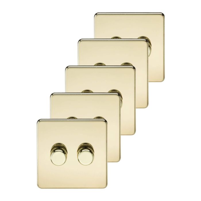 MLA 5 pack - Screwless 2G 2-way 10-200W (5-150W LED) trailing edge dimmer - Polished Brass