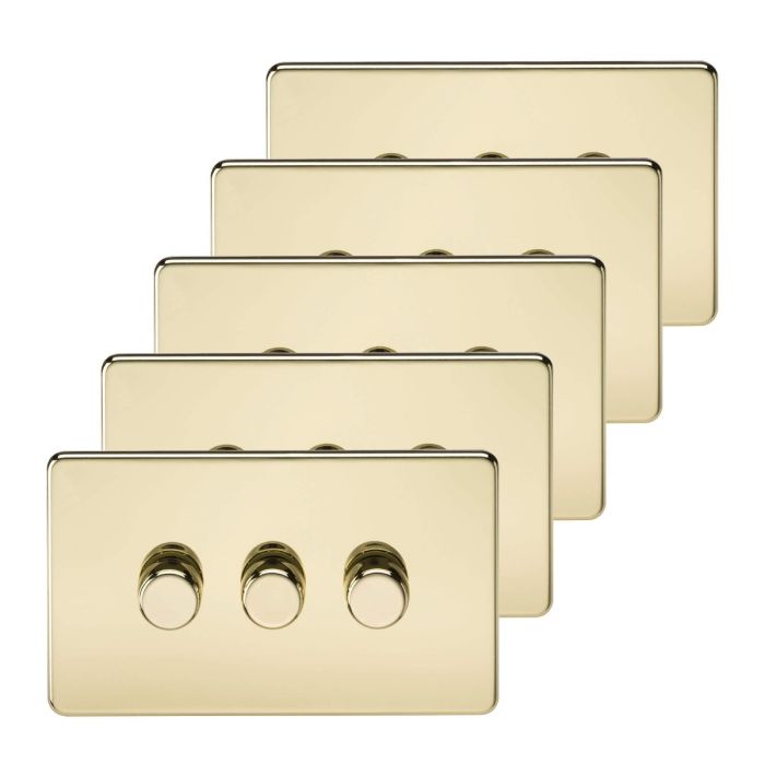 MLA 5 pack - Screwless 3G 2-way 10-200W (5-150W LED) trailing edge dimmer - Polished Brass