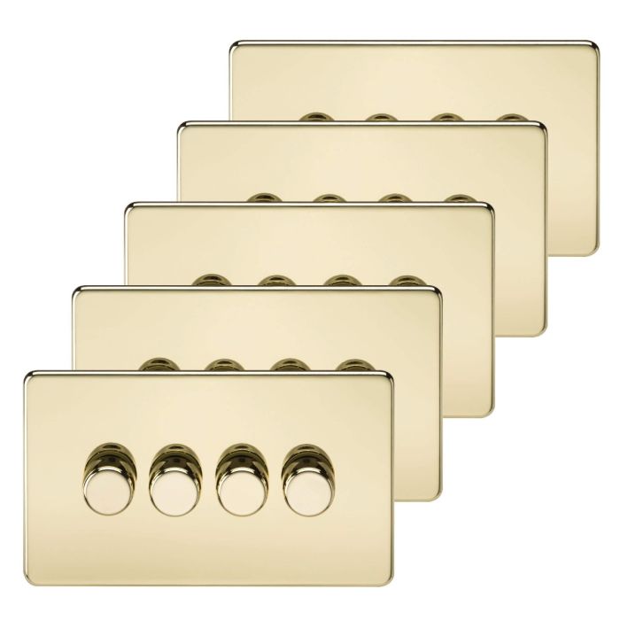 MLA 5 pack - Screwless 4G 2-way 10-200W (5-150W LED) trailing edge dimmer - Polished Brass