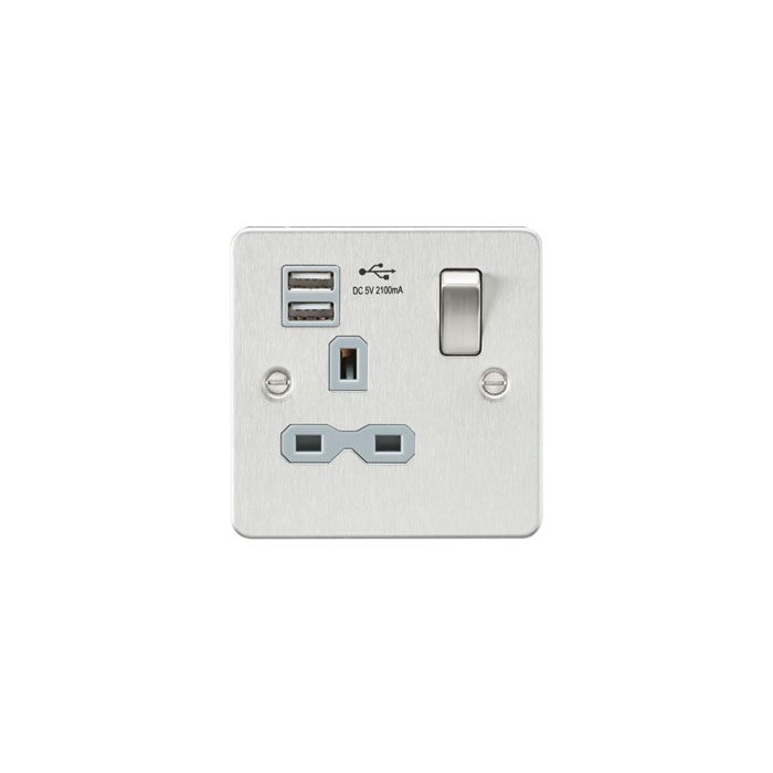 MLA Flat plate 13A 1G switched socket with dual USB charger (2.1A) - brushed chrome with grey insert