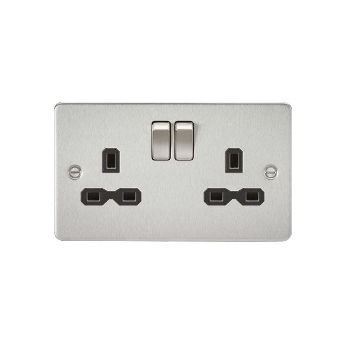 MLA Flat plate 13A 2G DP switched socket - brushed chrome with black insert