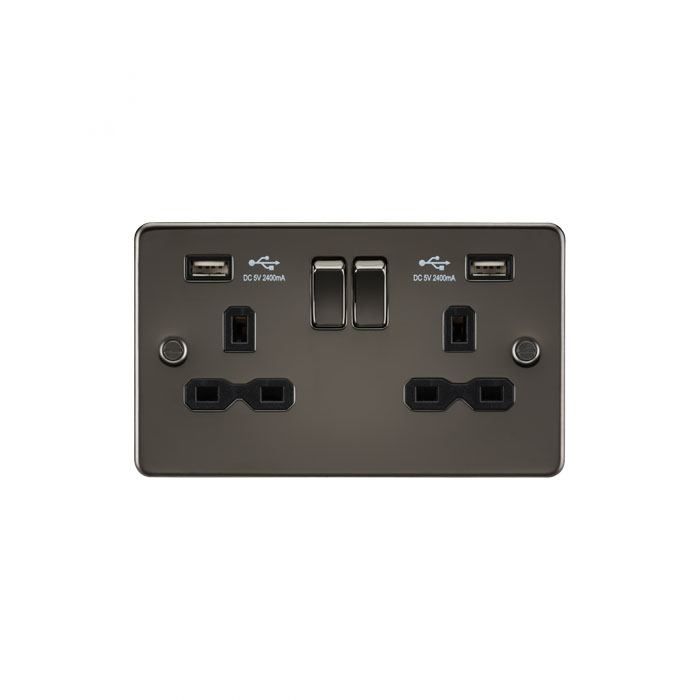 MLA Flat plate 13A 2G switched socket with dual USB charger (2.4A) - gunmetal with black insert