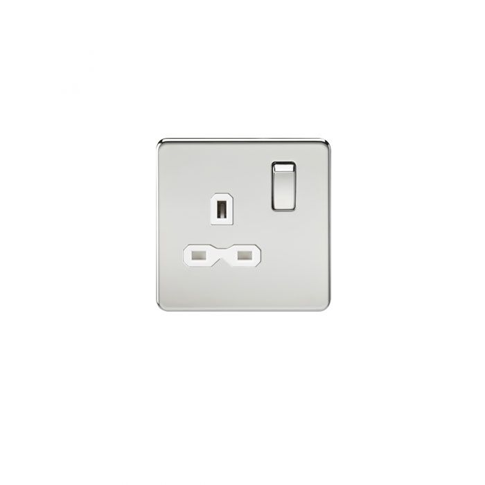 MLA Screwless 13A 1G DP switched socket - polished chrome with white insert