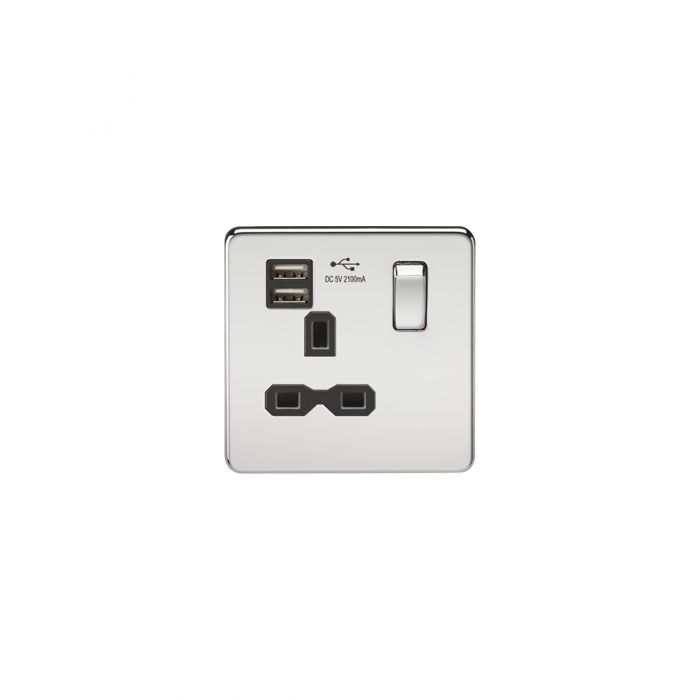 MLA Screwless 13A 1G switched socket with dual USB charger (2.1A) - polished chrome with black insert