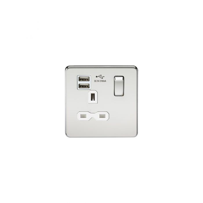 MLA Screwless 13A 1G switched socket with dual USB charger (2.1A) - polished chrome with white insert