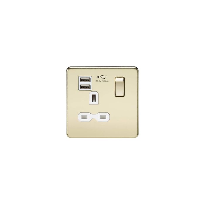 MLA Screwless 13A 1G switched socket with dual USB charger (2.4A) - polished brass with white insert