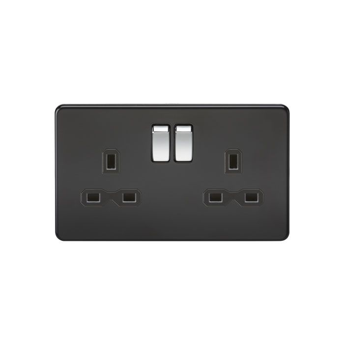 MLA Screwless 13A 2G DP switched socket - matt black with black insert and chrome rockers