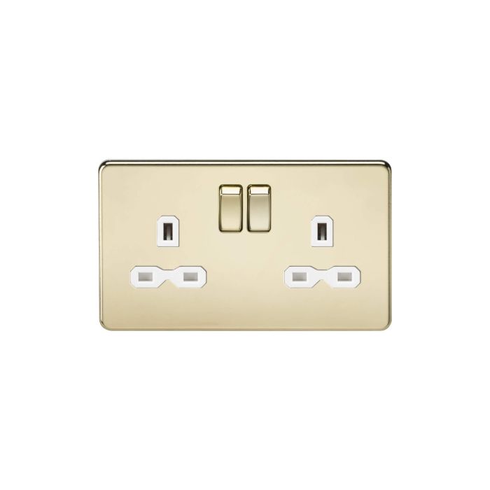 MLA Screwless 13A 2G DP switched socket - polished brass with white insert