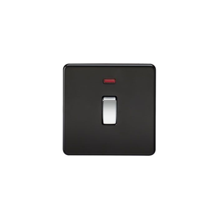 MLA Screwless 20A 1G DP Switch with Neon - Matt Black with Chrome Rocker