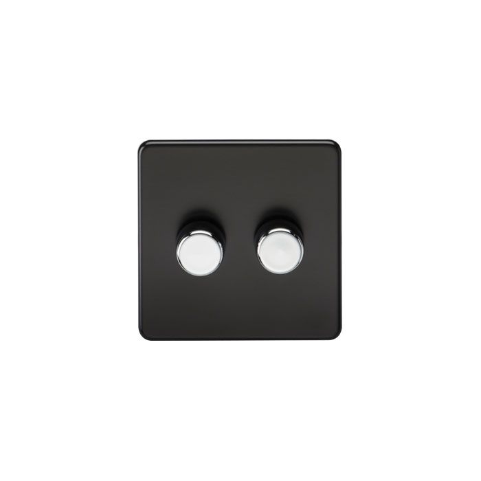 MLA Screwless 2G 2-way 10-200W (5-150W LED) trailing edge dimmer - Matt Black with chrome knobs