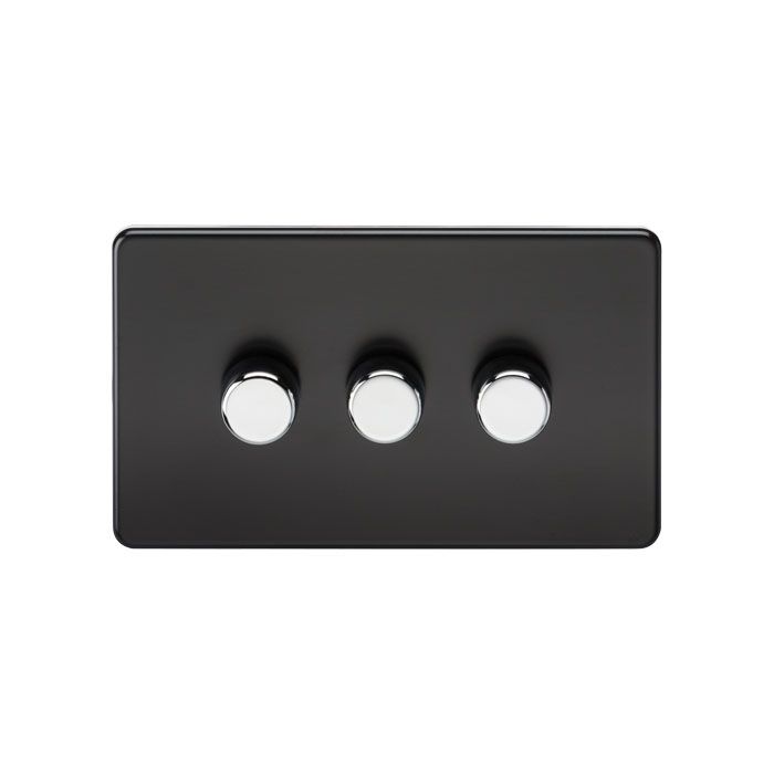 MLA Screwless 3G 2-way 10-200W (5-150W LED) trailing edge dimmer - Matt Black with chrome knobs