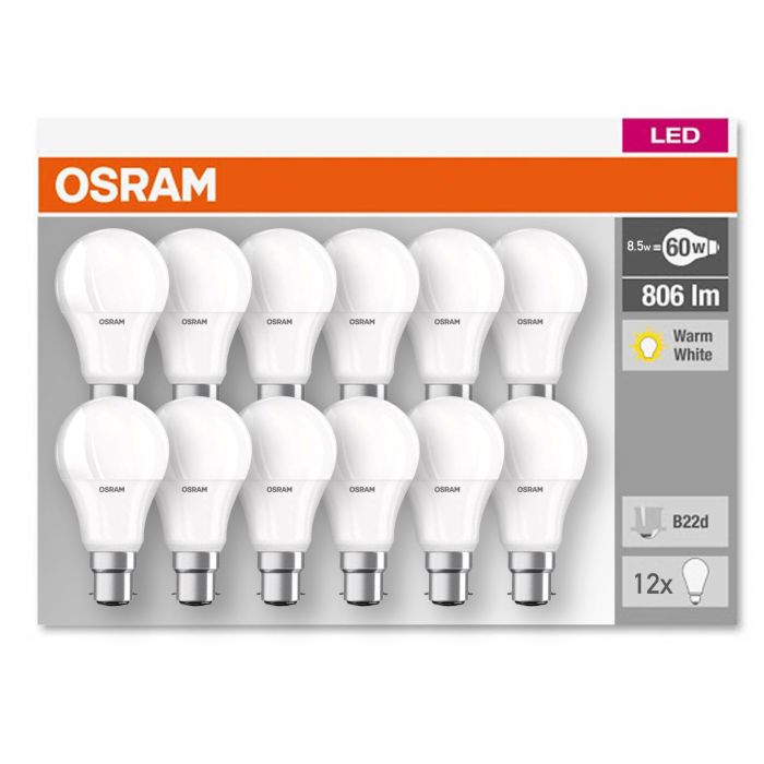 OSRAM LED BASE CLASSIC A B22d 8.5W 60W 2700k 12 Pack