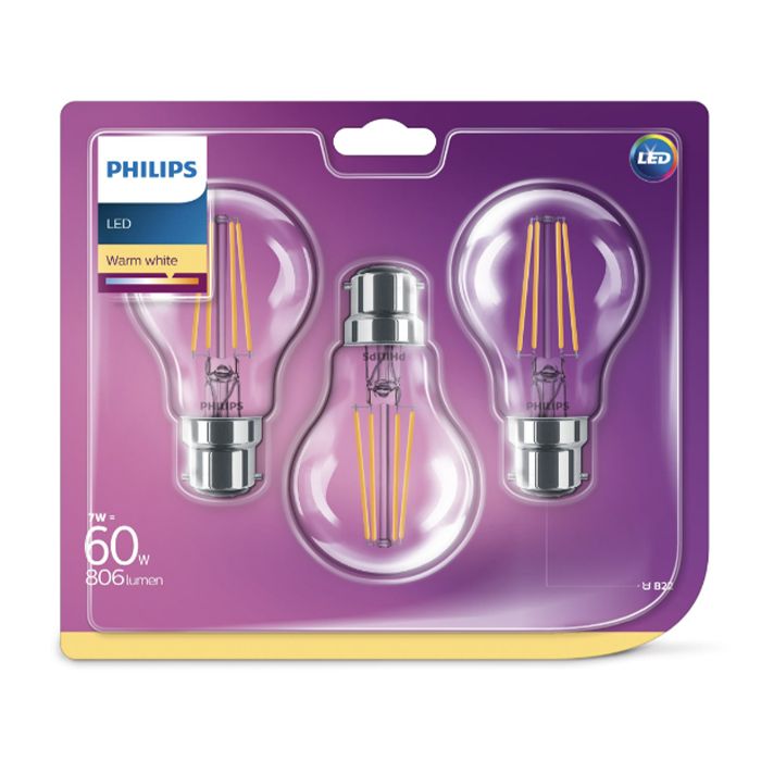 3 Pack Philips 7w LED GLS BC 2700K Clear Bulbs 