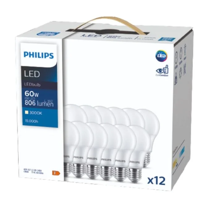 Philips CorePro A60 E27 LED Lamps 8W 806lm Warm White 2700K | Pack of 12