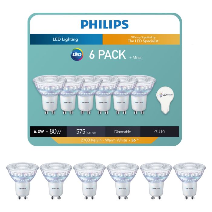 Philips Signify Master Value 6.2w-80w Equivalent 2700k 36 Degree Beam Angle - TheLEDSpecialist Mints - 6 Pack