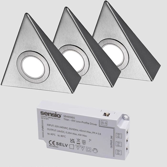 sensio-led-bermuda-triotone-triangle-colour-selectable-under-cabinet-3-light-kit-inc-driver-cool-natural-warm-white