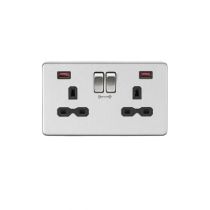MLA 13A 2G DP Switched Socket with Dual USB FASTCHARGE ports (A + C) - Brushed Chrome with black insert