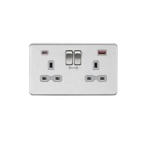MLA 13A 2G DP Switched Socket with Dual USB FASTCHARGE ports (A + C) - Brushed Chrome with grey insert