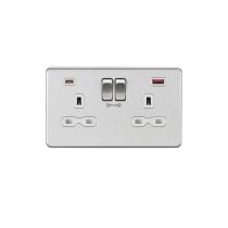 MLA 13A 2G DP Switched Socket with Dual USB FASTCHARGE ports (A + C) - Brushed Chrome with white insert