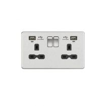 MLA 13A 2G Switched Socket, Dual USB (2.4A) with LED Charge Indicators - Brushed Chrome w/black insert